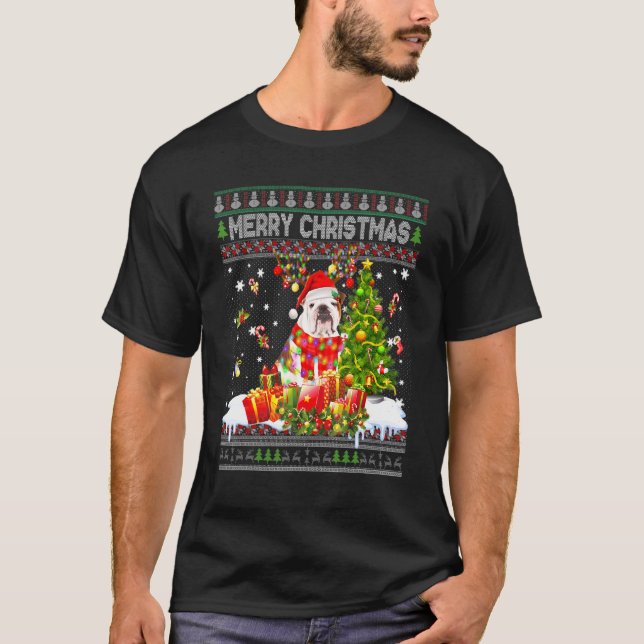 Camiseta Feliz Natal Bulldog Papais noeis Xmas Tree Lights  (Frente)