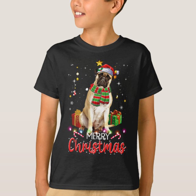 Camiseta Feliz Natal Bullmastiff Santa Hat Tree Lights (Frente)