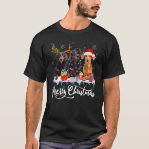 Camiseta Feliz Natal Cachorro Dachshund Papai Noel Luz Rena