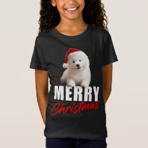 Camiseta Feliz Natal Cachorro Samoyed Puppy com Papai Noel