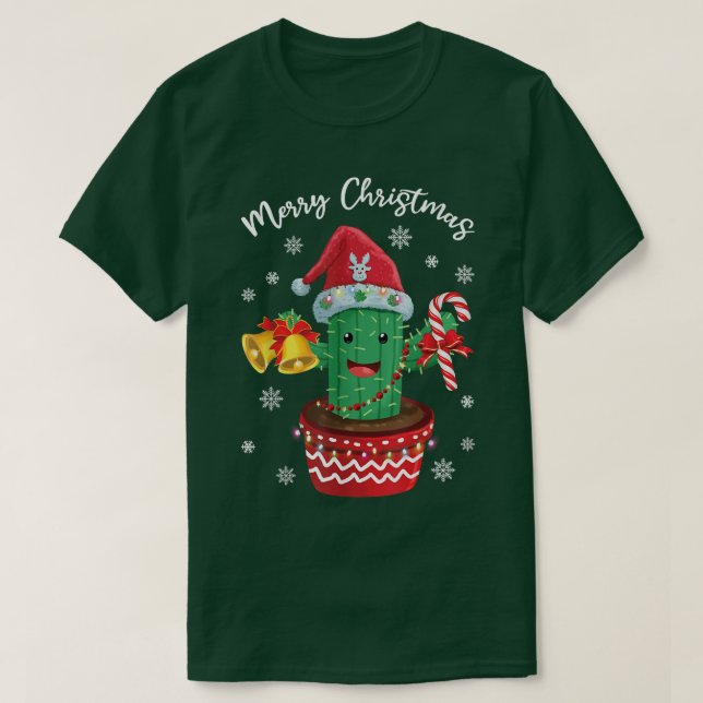 Camiseta Feliz Natal Cactus Santa Hat Candy Cane F (Frente do Design)
