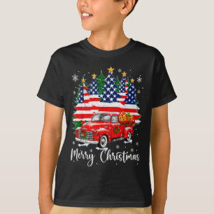 Camiseta Feliz Natal Caminhão Vermelho Antigo Bandeira EUA 