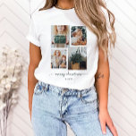 Camiseta Feliz Natal | Colagem de Fotografias Moderna<br><div class="desc">Este design de camisa simples, mas ultra moderno, apresenta quatro das suas fotografias pessoais favoritas numa grelha de fotografias de aparência única e em camadas. O design de verde da floresta diz "natal alegre" em tipografia elegante, tradicional escrita à mão, e tem um lugar para o seu nome em uma...</div>