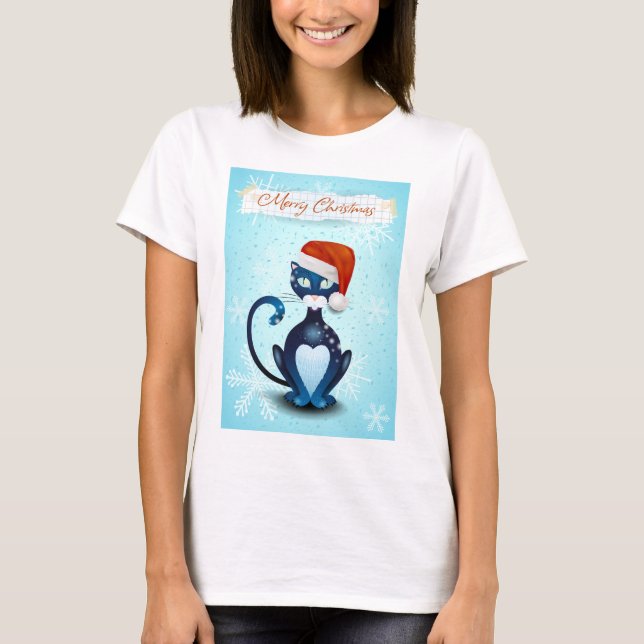 Camiseta Feliz Natal com Gato Negro com Papai noel Hat (Frente)