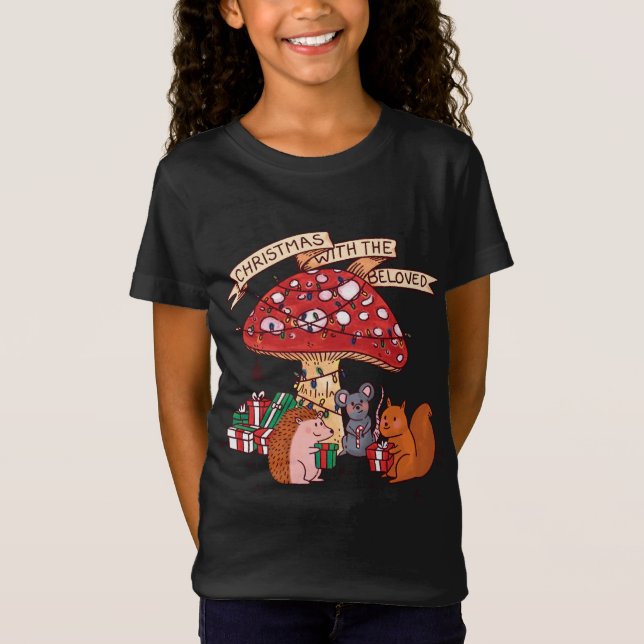 Camiseta Feliz Natal com Mouse de Esquilo Mushroom e M (Frente)