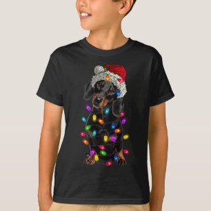Camiseta Feliz Natal Dachshund Santa Hat Lights Xmas