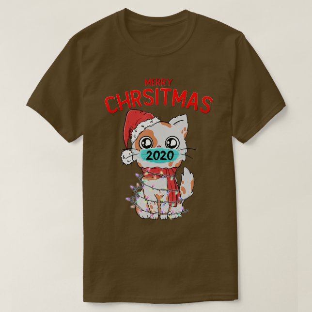 Camiseta Feliz Natal de 2020 Máscara de Gato Bonita de Nata (Frente do Design)