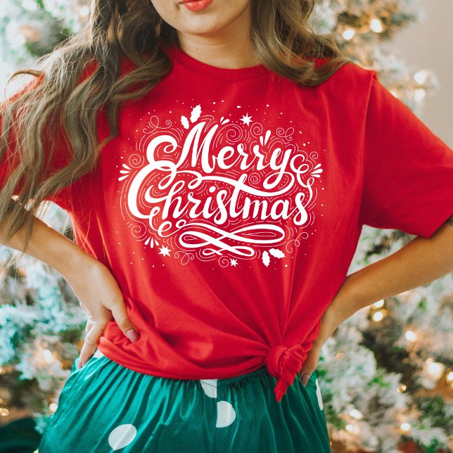 Camiseta Feliz Natal de Férias em Branco (Holiday Merry Christmas in White Script T-Shirt)