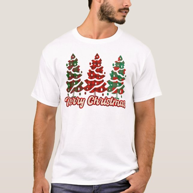Camiseta Feliz Natal - Design de Árvores Xadrez de Buffalo (Frente)