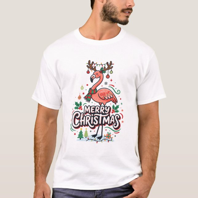 Camiseta Feliz Natal Design de Férias de Flamingo (Frente)