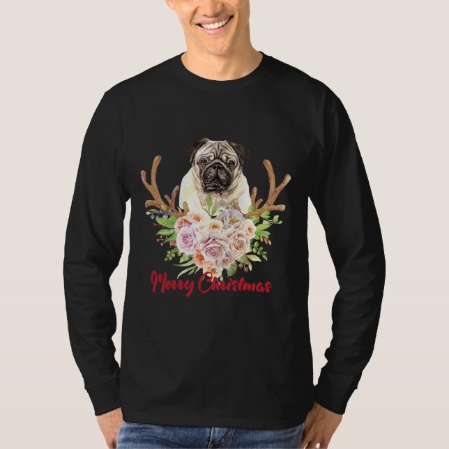 Camiseta Feliz Natal e Cachorro Pug - Presente de Natal par (Frente)