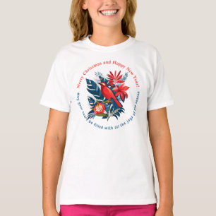 Camiseta Feliz Natal e Feliz Ano Novo! Pássaro Vermelho BOH