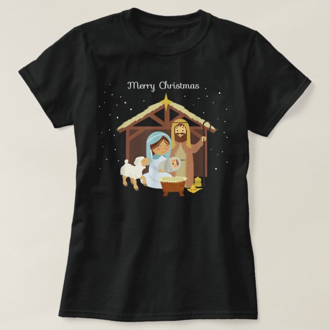 Camiseta Feliz Natal e Natividade Cena Cristã Fé H (Frente do Design)