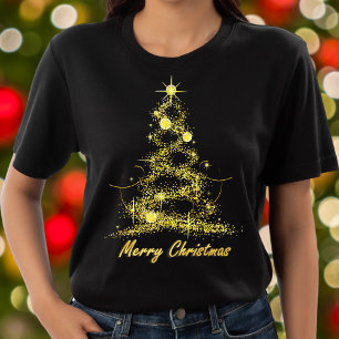 Camiseta Feliz Natal Elegante Chic Black e Dourada Tree