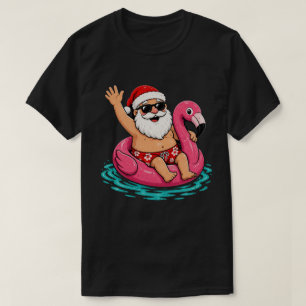 Camiseta Feliz Natal em Julho Flamingo Tropical Papai Noel