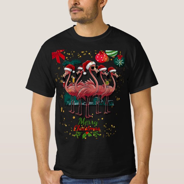 Camiseta Feliz Natal Engraçado Flamingo com óculos de sol (Frente)