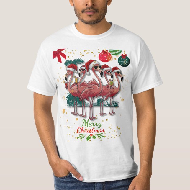 Camiseta Feliz Natal Engraçado Flamingo com óculos de sol (Frente)