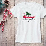Camiseta Feliz Natal Familiar Trazendo Árvore Natal Domésti<br><div class="desc">Comemore a temporada com esta camisa de natal da família apresentando um carro retrô com uma árvore de Natal no topo e pacotes de férias no porta-malas. Adicione seu nome de família abaixo para torná-lo sua camisa de Natal exclusiva. Perfeito para fotos de natal da família, festas de Natal e...</div>