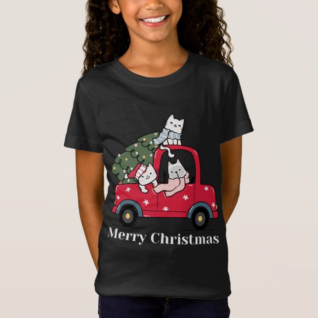 Camiseta Feliz Natal Feliz Gato de Truque Vermelho (Frente)