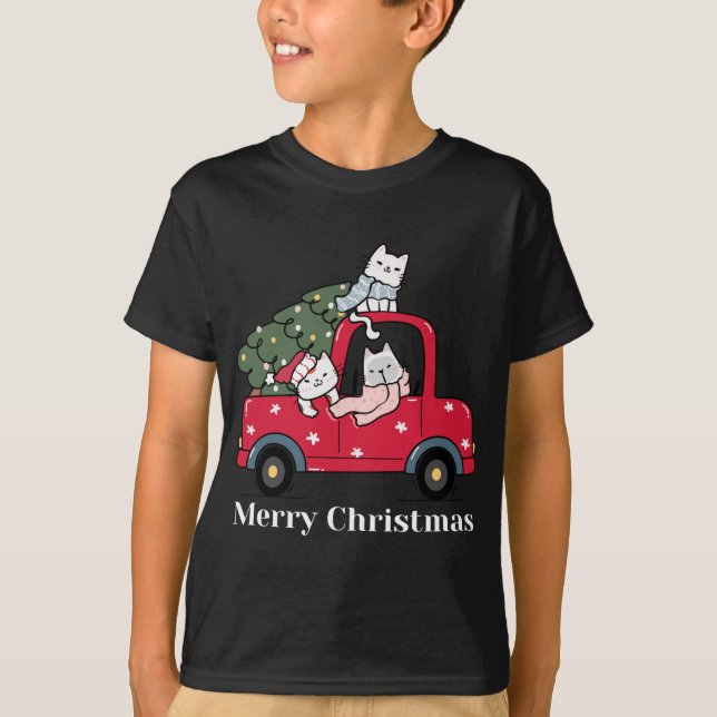 Camiseta Feliz Natal Feliz Gato de Truque Vermelho (Frente)