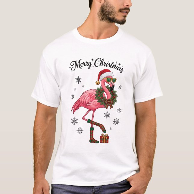 Camiseta Feliz Natal Flamingo Chapéu de Papai Noel Grinalda (Frente)