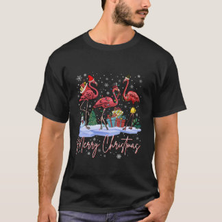 Camiseta Feliz Natal Flamingo Chapéu do Papai Noel Luzes de
