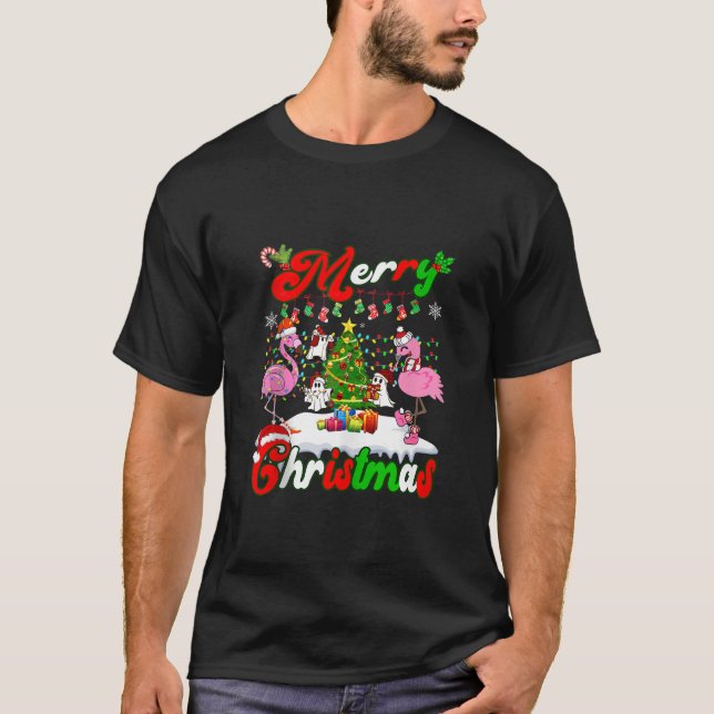Camiseta Feliz Natal Flamingo Cute Ghost Pine Xmas (Frente)