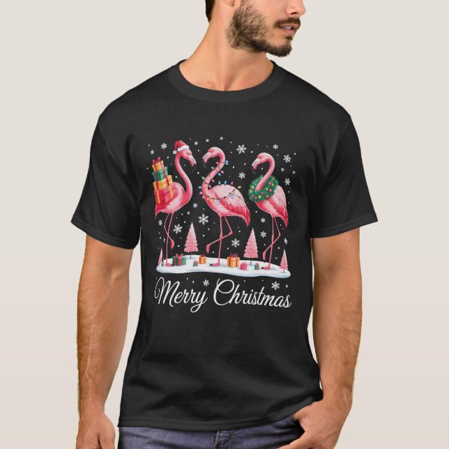 Camiseta Feliz Natal Flamingo Light Santa Hat Xmas (Frente)