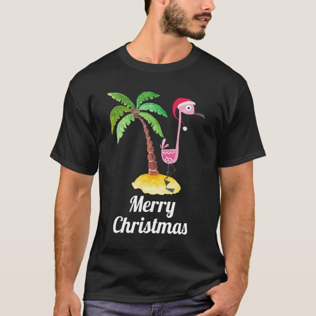 Camiseta Feliz Natal Flamingo Rosa em Santa Hat (Frente)