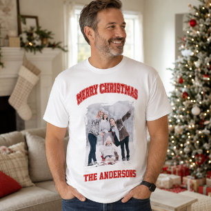 Camiseta Feliz Natal foto família vermelho branco