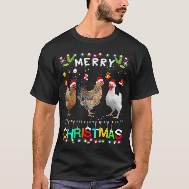Camiseta Feliz Natal Frango Santa Hat Luz Natal Funn (Frente)