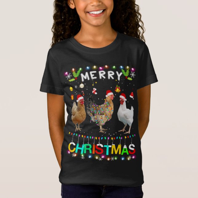 Camiseta Feliz Natal Frango Santa Hat Luz Natal Funn (Frente)