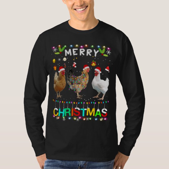 Camiseta Feliz Natal Frango Santa Hat Luz Natal Funn (Frente)