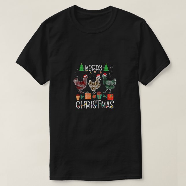 Camiseta Feliz Natal Galinha Santa Hat Luz Homens Xmas (Frente do Design)