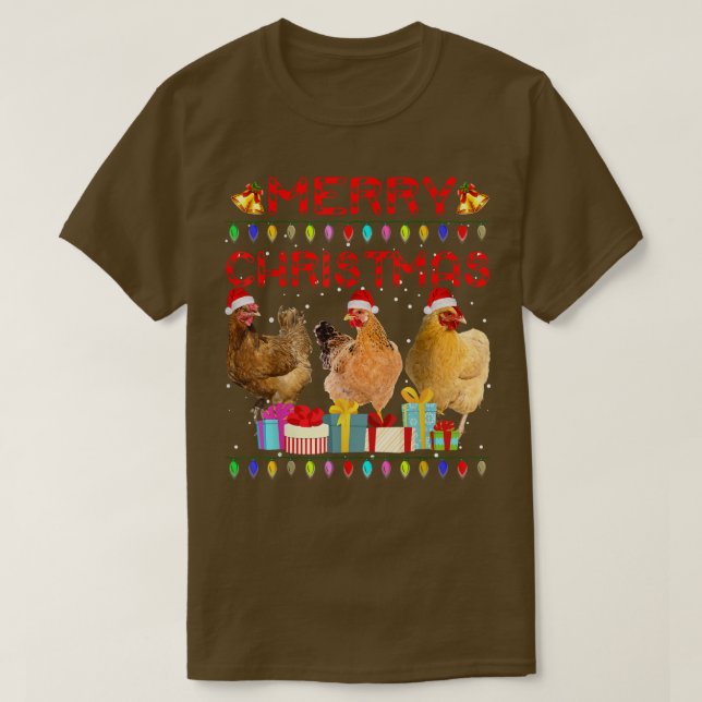 Camiseta Feliz Natal Galinha Santa Hat Luz Natal Divertido (Frente do Design)