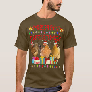 Camiseta Feliz Natal Galinha Santa Hat Luz Natal Divertido