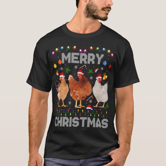 Camiseta Feliz Natal Galinha Santa Hat Luz Natal Fazenda (Frente)