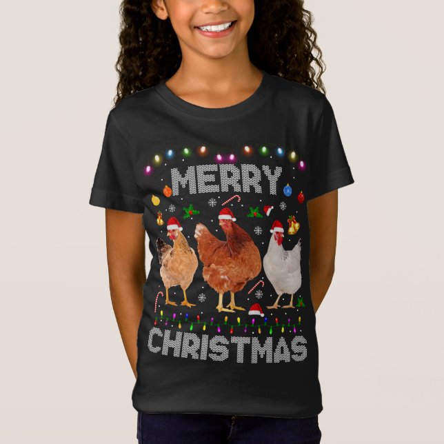 Camiseta Feliz Natal Galinha Santa Hat Luz Natal Fazenda (Frente)