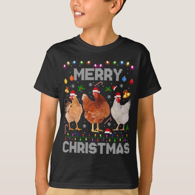 Camiseta Feliz Natal Galinha Santa Hat Luz Natal Fazenda (Frente)