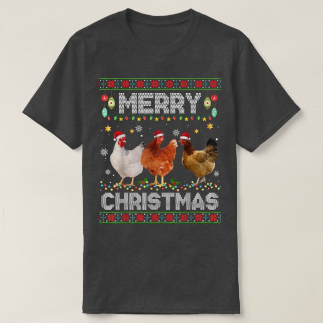 Camiseta Feliz Natal Galinha Santa Hat Luz Xmas Holi (Frente do Design)