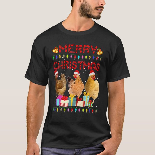Camiseta Feliz Natal Galinha Santa Hat Luzes Natal 1 (Frente)