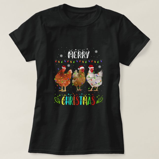 Camiseta Feliz Natal Galinha Santa Hat Luzes Xmas Paja (Frente do Design)