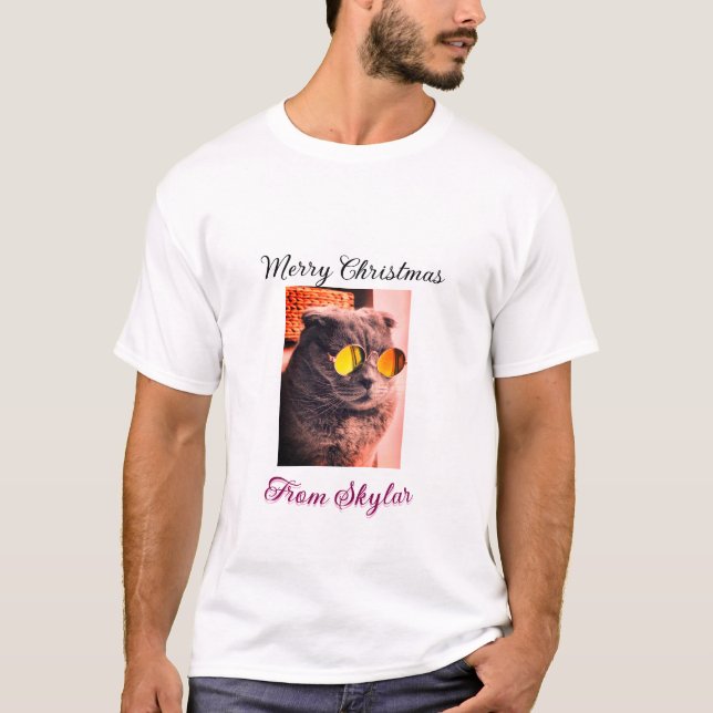 Camiseta Feliz Natal, gato, cão de estimação, foto de amor (Frente)