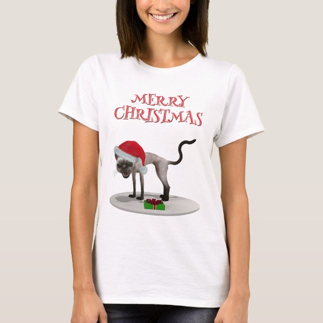 Camiseta Feliz Natal. Gato com chapéu de Papai Noel (Frente)