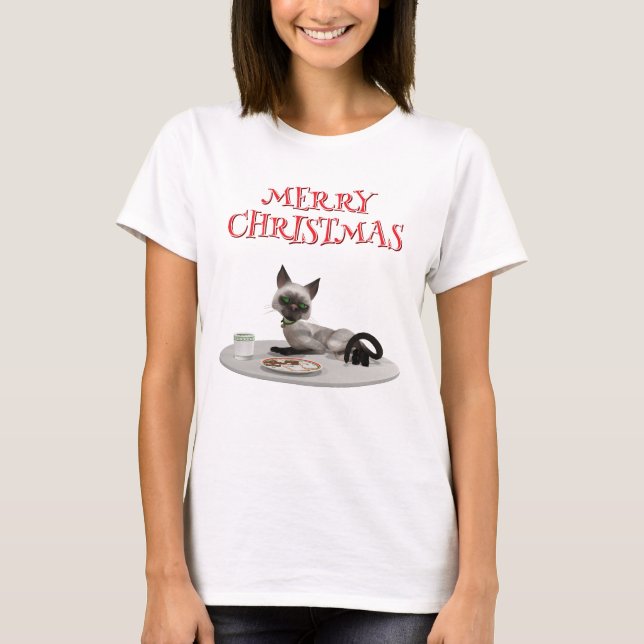 Camiseta Feliz Natal. Gato com guloseimas para Papais noeis (Frente)