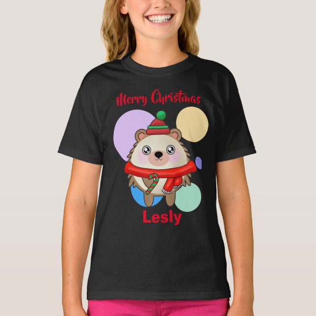 Camiseta Feliz Natal Gato Kawaii Amigo Hedgehog (Frente)