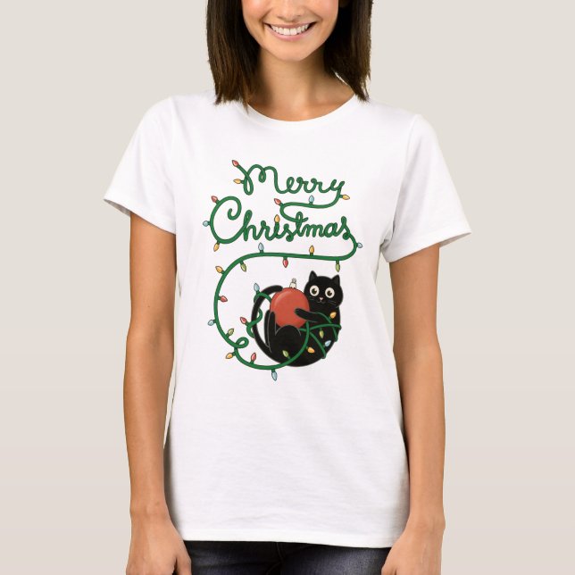 Camiseta Feliz Natal Gato Preto com Ornamento e Luzes (Frente)