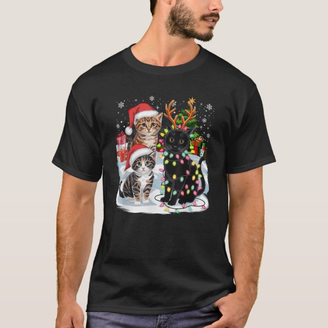 Camiseta Feliz Natal Gatos Papai Noel Chapéus Natal Saúde K (Frente)