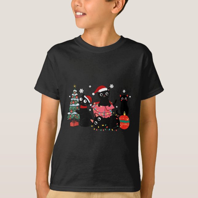 Camiseta Feliz Natal Gatos Pretos Brincam Luzes da Árvore d (Frente)
