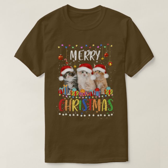 Camiseta Feliz Natal Gats do Santa Hat Luzes de Natal (Frente do Design)